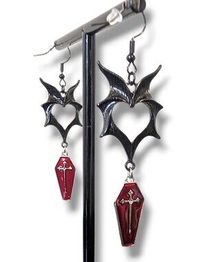 NWT Handmade Black Bat Wing Earrings with Dangly Red Coffin